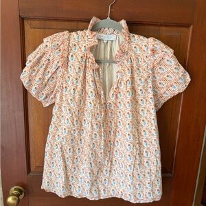 Hunter Bell Orange Floral Print Ruffle-Neck Women’s Top